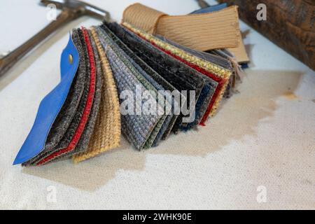 Carpet sample pieces in various colors made of robust plant fibers for natural and eco-friendly interior design, copy space, sel Stock Photo