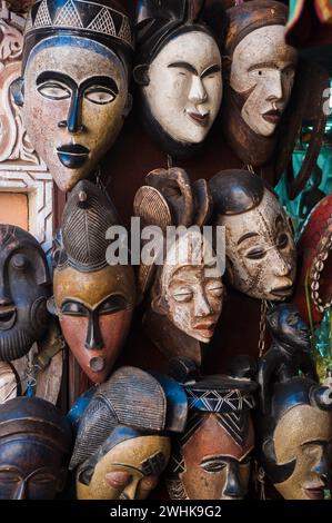 Traditional masks in the medina, faces, handicrafts, oriental, folklore, shop, market, bazaar, flea market, souk, trade, display, symbol, tradition Stock Photo