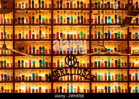 Colorful bottles of liquor in Brettos bar, the oldest distillery in Athens and a really historic point of reference for the district of Plaka. Stock Photo