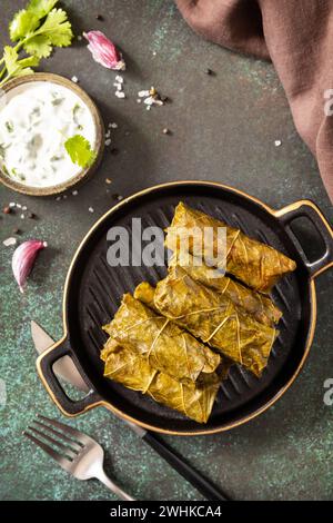 Traditional Greek, Caucasian and Turkish cuisine. Delicious dolma - stuffed grape leaves with rice and meat on a dark stone back Stock Photo