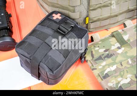 Compact russian military first aid kit, medical military bag with red cross Stock Photo