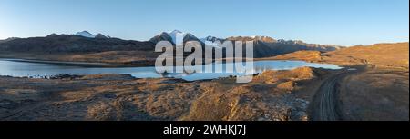 Aerial view, mountain peak and mountain lake, evening mood, Arabel Lake at Arabel Pass, Issyk Kul Province, Kyrgyzstan Stock Photo