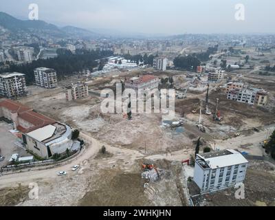 Hatay, Turkey. 8th Feb, 2024. (EDITOR'S NOTE: Image taken with a drone).Aerial view of Antakya city center of Hatay province show the devastating effect of the earthquake after a year from the earthquake. This week Turkey commemorated the first anniversary of the earthquake that killed more than 53,000 people in the country and left over 3 million without housing. Hatay was one of the cities which was hit hardest by the earthquake on February 6, 2023. (Credit Image: © Ibrahim Oner/SOPA Images via ZUMA Press Wire) EDITORIAL USAGE ONLY! Not for Commercial USAGE! Stock Photo