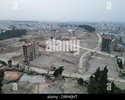 Hatay, Turkey. 8th Feb, 2024. (EDITOR'S NOTE: Image taken with a drone).Aerial view of Antakya city center of Hatay province show the devastating effect of the earthquake after a year from the earthquake. This week Turkey commemorated the first anniversary of the earthquake that killed more than 53,000 people in the country and left over 3 million without housing. Hatay was one of the cities which was hit hardest by the earthquake on February 6, 2023. (Credit Image: © Ibrahim Oner/SOPA Images via ZUMA Press Wire) EDITORIAL USAGE ONLY! Not for Commercial USAGE! Stock Photo