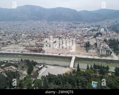 Hatay, Turkey. 8th Feb, 2024. (EDITOR'S NOTE: Image taken with a drone).Aerial view of Antakya city center of Hatay province show the devastating effect of the earthquake after a year from the earthquake. This week Turkey commemorated the first anniversary of the earthquake that killed more than 53,000 people in the country and left over 3 million without housing. Hatay was one of the cities which was hit hardest by the earthquake on February 6, 2023. (Credit Image: © Ibrahim Oner/SOPA Images via ZUMA Press Wire) EDITORIAL USAGE ONLY! Not for Commercial USAGE! Stock Photo