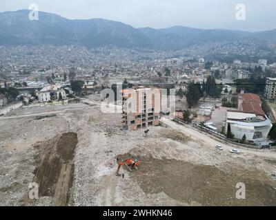 Hatay, Turkey. 8th Feb, 2024. (EDITOR'S NOTE: Image taken with a drone).Aerial view of Antakya city center of Hatay province show the devastating effect of the earthquake after a year from the earthquake. This week Turkey commemorated the first anniversary of the earthquake that killed more than 53,000 people in the country and left over 3 million without housing. Hatay was one of the cities which was hit hardest by the earthquake on February 6, 2023. (Credit Image: © Ibrahim Oner/SOPA Images via ZUMA Press Wire) EDITORIAL USAGE ONLY! Not for Commercial USAGE! Stock Photo