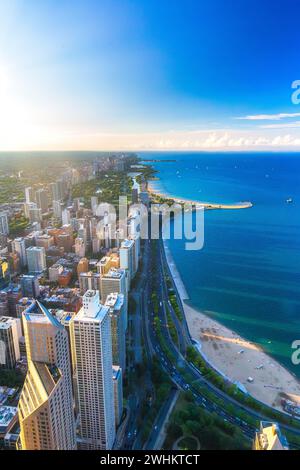 Chicago skyline panorama aerial view with skyscrapers over Lake Michigan at sunny day Stock Photo