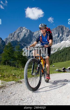 Man with a mountain bike in an alpine landscape, Gmunden, Austria Stock Photo