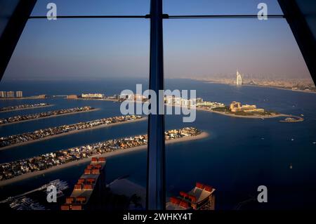 View from The View At the Palm, on Hotel Burj al Arab, Burj Khalifa, Downtown, Palm Jumeirah, Dubai, United Arab Emirates, VAR Stock Photo
