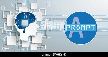 Human head with processor in the brain and circuit diagram with the text Prompt AI on the gray background. Eps 10 vector file. Stock Photo