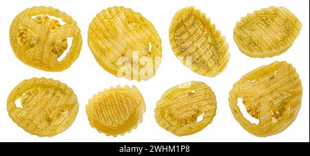 Pickled and marinated yellow tomato slices isolated on white background Stock Photo
