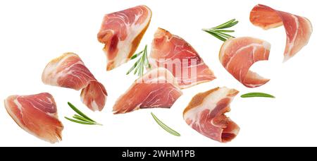 Falling bacon strips isolated on white background Stock Photo - Alamy