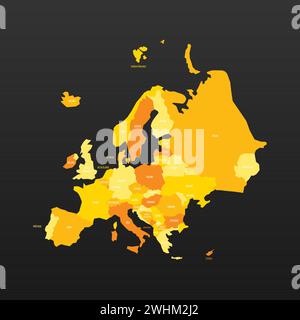 Political map of Europe. Yellow colored land with country name labels on dark gray background. Ortographic projection. Vector illustration Stock Vector