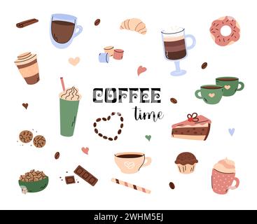 Coffee time doodles vector set. Cute beverages and sweet food elements. Simple hand drawn illustrations. Different coffee drinks cappuccino, espresso Stock Vector