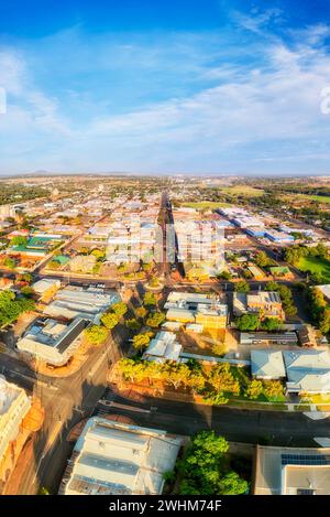 Downtown of Gunnedah rural regional town in Australian outback of New Engand, NSW - vertical aerial panorama. Stock Photo