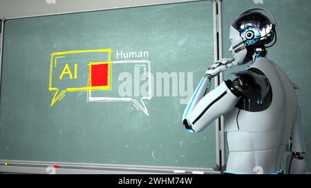 Humanoid robot as AI teacher with the chalk board in a classroom. 3d illustration. Stock Photo