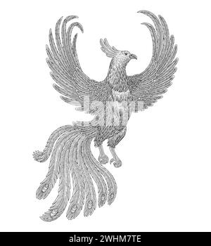 Phoenix bird flying, vintage engraving drawing style illustration Stock Vector