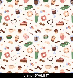 Coffee break doodle seamless pattern vector. Cute background with coffee elements in simple hand drawn illustrated style. Different doodle beverages Stock Vector