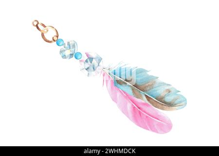 Watercolor composition from blue feathers and crystal isolated on white ...