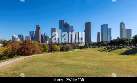 Houston downtown skyline at sunny day in Buffalo Bayou Park, Houston, Texas, USA Stock Photo