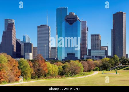 Houston City skyline at sunny day in Buffalo Bayou Park, Houston, Texas, USA Stock Photo