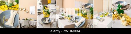 Collage of beautiful table setting for Easter dinner with yellow mimosa flowers Stock Photo