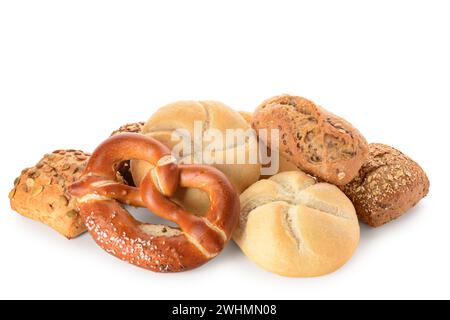 Different delicious buns and pretzel on white background Stock Photo