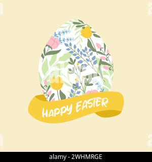 Elegant greeting card Happy Easter with ribbon and egg decorated with flowers. Handdrawn vector celebration design. Stock Vector