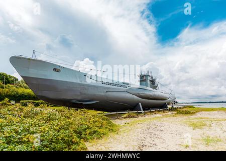 U-Boat U 995 on the beach in Laboe. German submarine U-995, Type VIIC 41 U-boat Stock Photo