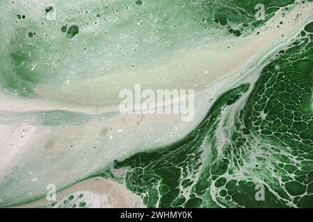 Acrylic Fluid Art. Natural green colors flow on canvas. Digital decor. Abstract stone background or texture Stock Photo