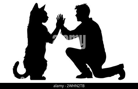Man and Cat give high five silhouette. Boy and Cat meeting vector Stock Vector