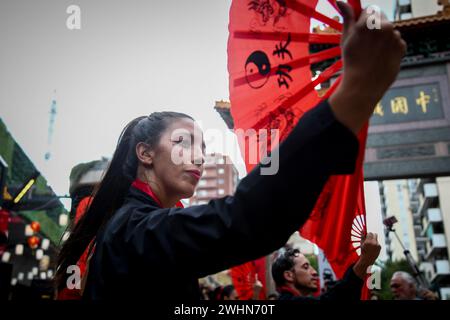 Buenos Aires, Argentina. 10th Feb, 2024. Dancer performance seen during the Chinese New Year celebration. People participate in the celebration of the Chinese New Year in the Chinatown of the city of Buenos Aires. The Chinese community of Argentina began the celebrations of the arrival of the 'Wooden Dragon' by celebrating the New Year 4722. (Photo by Roberto Tuero/SOPA Images/Sipa USA) Credit: Sipa USA/Alamy Live News Stock Photo