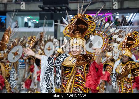 Rio De Janeiro, Brazil. 9th Feb, 2024. Revelers participate in the carnival parade in Rio de Janeiro, Brazil, Feb. 9, 2024. Credit: Wang Tiancong/Xinhua/Alamy Live News Stock Photo