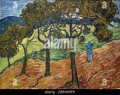 painting by Vincent Van Gogh in 1889, oil on canvas, called "Landscape with Figures" on display at the Baltimore Museum of Art Stock Photo
