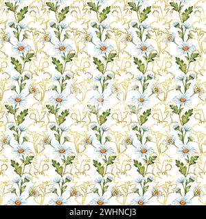 Watercolor illustration of a pattern of white daisies, buds, and green leaves and brown outlines. Isolated botanical drawing. Great pattern for kitche Stock Photo