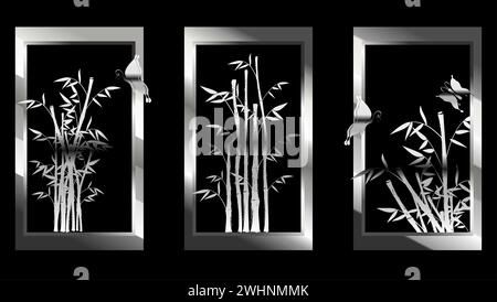 shiny silver chrome asian bamboo background postal card in vector format Stock Vector