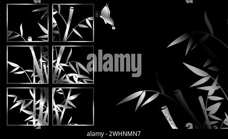 shiny silver chrome asian bamboo background postal card in vector format Stock Vector