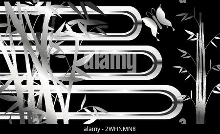 shiny silver chrome asian bamboo background postal card in vector format Stock Vector