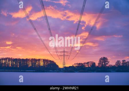 Power line and winter evening sky Stock Photo