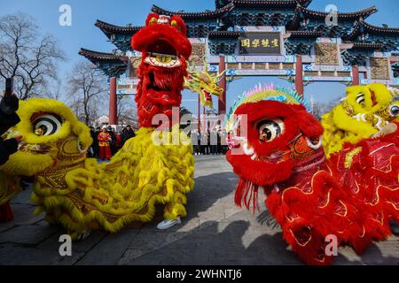 Fuyang, China. 10th Feb, 2024. Folk performers perform a dragon dance at the square, an important traditional performance in China to celebrate the Chinese New Year, the Spring Festival. Credit: SOPA Images Limited/Alamy Live News Stock Photo