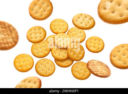 Falling round cheese crackers isolated on white background, top view Stock Photo