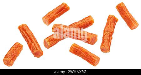 Chopped Kabanos. Long and thin smoked sausage isolated on white background Stock Photo