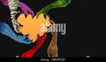 Halloween Monsters Heart as Fall season love and Spooky monster hands holding a heart as a zombie a werewolf or mummy and creepy red devil hand grabbi Stock Photo