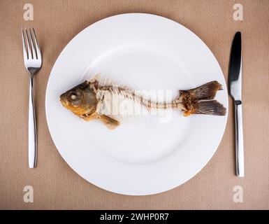 Complete bone of whole fish on plate, abstract Stock Photo