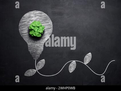 Lamp drawn with white chalk on black chalkboard, green energy concept Stock Photo