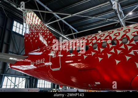 Saint Petersburg, Russia. 09th Feb, 2024. A presentation of a Rossiya Airlines Sukhoi Superjet 100 plane in livery marking the 300th anniversary of the founding of the St Petersburg State University, at Pulkovo International Airport. (Photo by Sergei Mikhailichenko/SOPA Ima/Sipa USA) Credit: Sipa USA/Alamy Live News Stock Photo