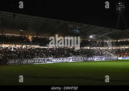 Almelo, Netherlands. 10th Feb, 2024. ALMELO, NETHERLANDS - FEBRUARY 10: supporters with flags during the Dutch Eredivisie match between Heracles Almelo and Vitesse at Erve Asito on February 10, 2024 in Almelo, Netherlands. (Photo by Peter Lous/Orange Pictures) Credit: Orange Pics BV/Alamy Live News Stock Photo