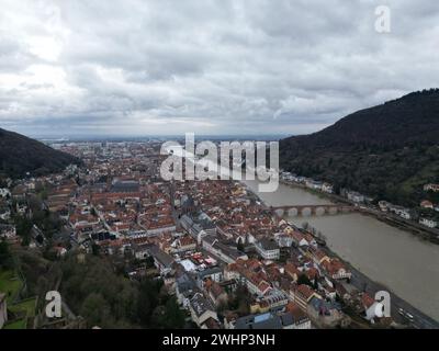 Aerial view of Heidelberg and the river running through taken by a drone. Stock Photo