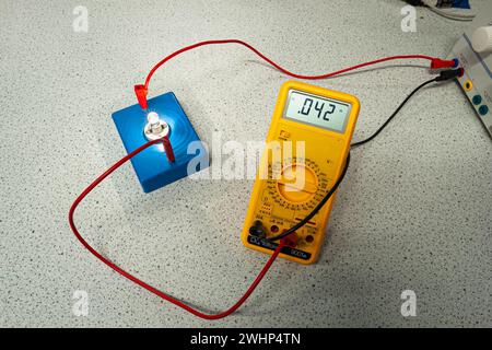 Measuring the electrical current with a multimeter through a lit light bulb. Stock Photo