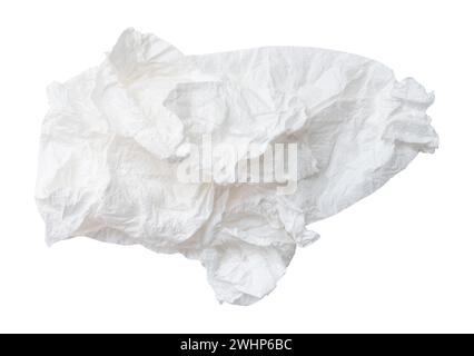 Top view of screwed or crumpled tissue paper or napkin in strange shape after use in toilet or restroom is isolated on white background Stock Photo